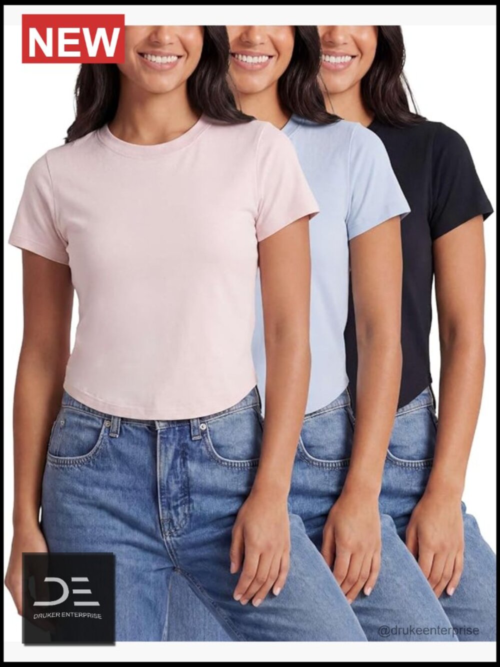 3 Pack Cropped Cap Sleeve T Shirts Cotton Blend Crew Neck Summer Tees